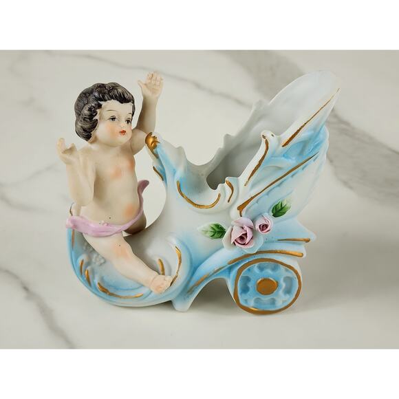Putti Cherub Shoe Cart Porcelain Bisque 4" Figurine Blue Pink Home Decor x2 - Picture 2 of 16